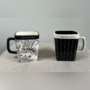 Set of 2 Hallmark Mugs His and Her Better Half Square Black & White Patterned 4"